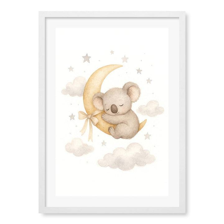 Baby Koala Sleeping Moon Nursery Wall Art Print A2 (42 x 59.4cm) / Matte White Frame / White Border from our Australian Made Framed Wall Art, Prints & Posters collection by Profile Products (Australia) Pty Ltd