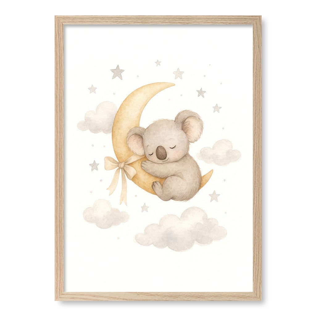 Baby Koala Sleeping Moon Nursery Wall Art Print A2 (42 x 59.4cm) / Natural Oak Frame / No Border from our Australian Made Framed Wall Art, Prints & Posters collection by Profile Products (Australia) Pty Ltd