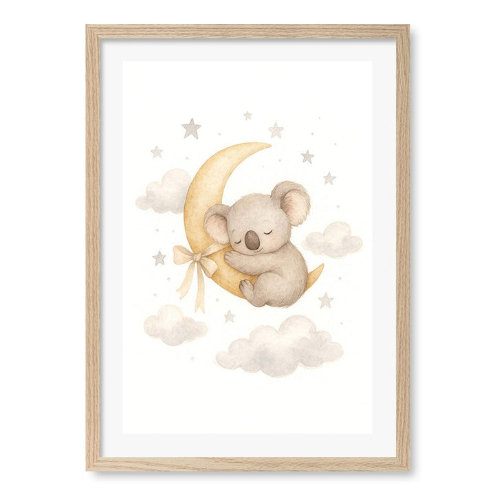 Baby Koala Sleeping Moon Nursery Wall Art Print A2 (42 x 59.4cm) / Natural Oak Frame / White Border from our Australian Made Framed Wall Art, Prints & Posters collection by Profile Products (Australia) Pty Ltd