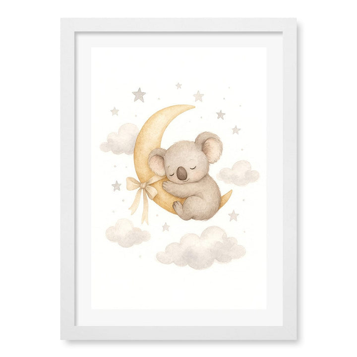 Baby Koala Sleeping Moon Nursery Wall Art Print A3 (29.7 x 42cm) / Matte White Frame / White Border from our Australian Made Framed Wall Art, Prints & Posters collection by Profile Products (Australia) Pty Ltd