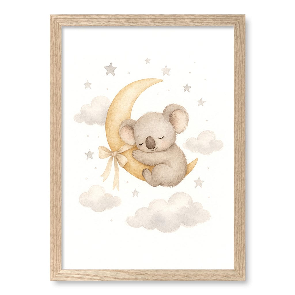Baby Koala Sleeping Moon Nursery Wall Art Print A3 (29.7 x 42cm) / Natural Oak Frame / No Border from our Australian Made Framed Wall Art, Prints & Posters collection by Profile Products (Australia) Pty Ltd