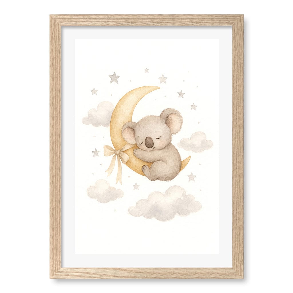 Baby Koala Sleeping Moon Nursery Wall Art Print A3 (29.7 x 42cm) / Natural Oak Frame / White Border from our Australian Made Framed Wall Art, Prints & Posters collection by Profile Products (Australia) Pty Ltd
