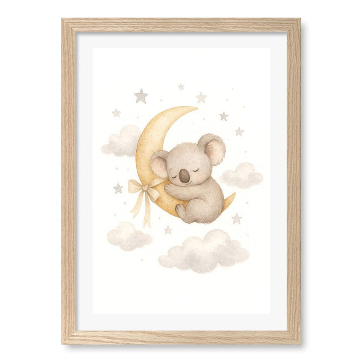 Baby Koala Sleeping Moon Nursery Wall Art Print A3 (29.7 x 42cm) / Natural Oak Frame / White Border from our Australian Made Framed Wall Art, Prints & Posters collection by Profile Products (Australia) Pty Ltd
