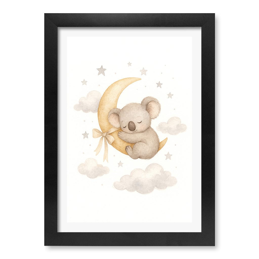 Baby Koala Sleeping Moon Nursery Wall Art Print A4 (21 x 29.7cm) / Matte Black Frame / White Border from our Australian Made Framed Wall Art, Prints & Posters collection by Profile Products (Australia) Pty Ltd