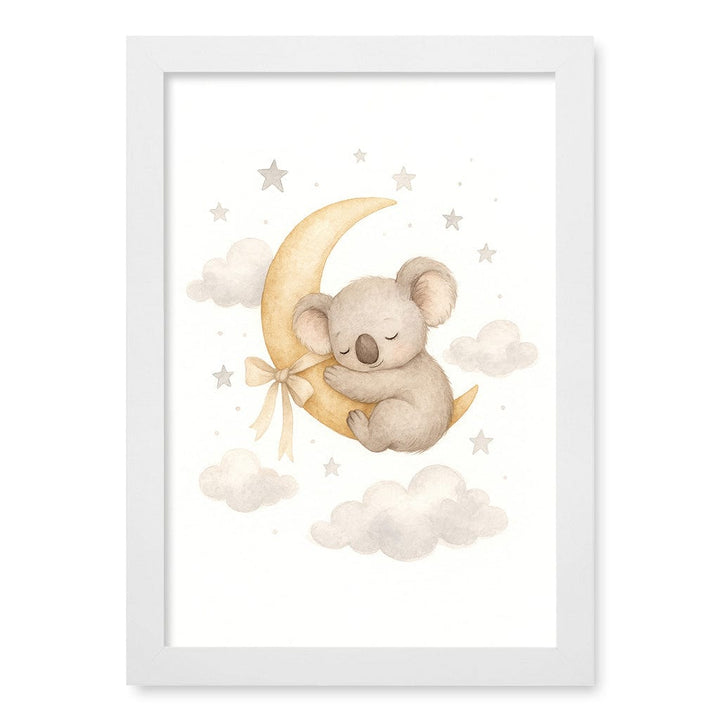 Baby Koala Sleeping Moon Nursery Wall Art Print A4 (21 x 29.7cm) / Matte White Frame / No Border from our Australian Made Framed Wall Art, Prints & Posters collection by Profile Products (Australia) Pty Ltd