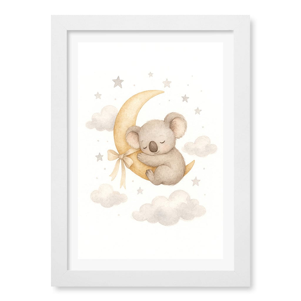 Baby Koala Sleeping Moon Nursery Wall Art Print A4 (21 x 29.7cm) / Matte White Frame / White Border from our Australian Made Framed Wall Art, Prints & Posters collection by Profile Products (Australia) Pty Ltd