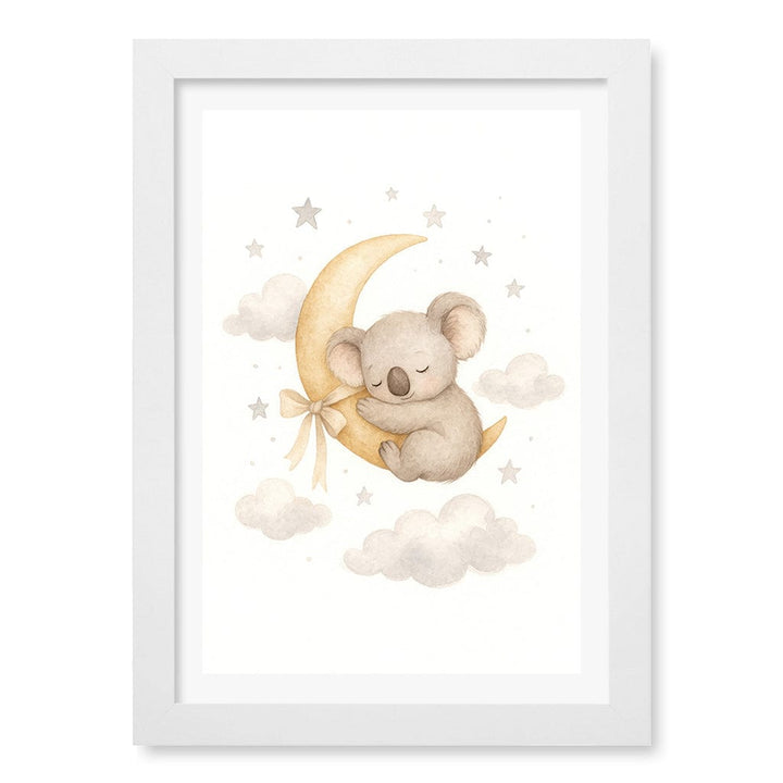 Baby Koala Sleeping Moon Nursery Wall Art Print A4 (21 x 29.7cm) / Matte White Frame / White Border from our Australian Made Framed Wall Art, Prints & Posters collection by Profile Products (Australia) Pty Ltd