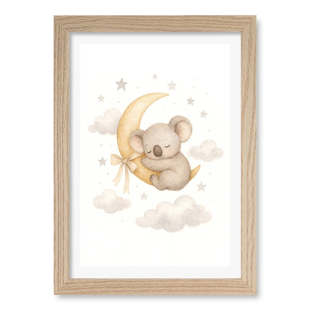 Baby Koala Sleeping Moon Nursery Wall Art Print A4 (21 x 29.7cm) / Natural Oak Frame / White Border from our Australian Made Framed Wall Art, Prints & Posters collection by Profile Products (Australia) Pty Ltd