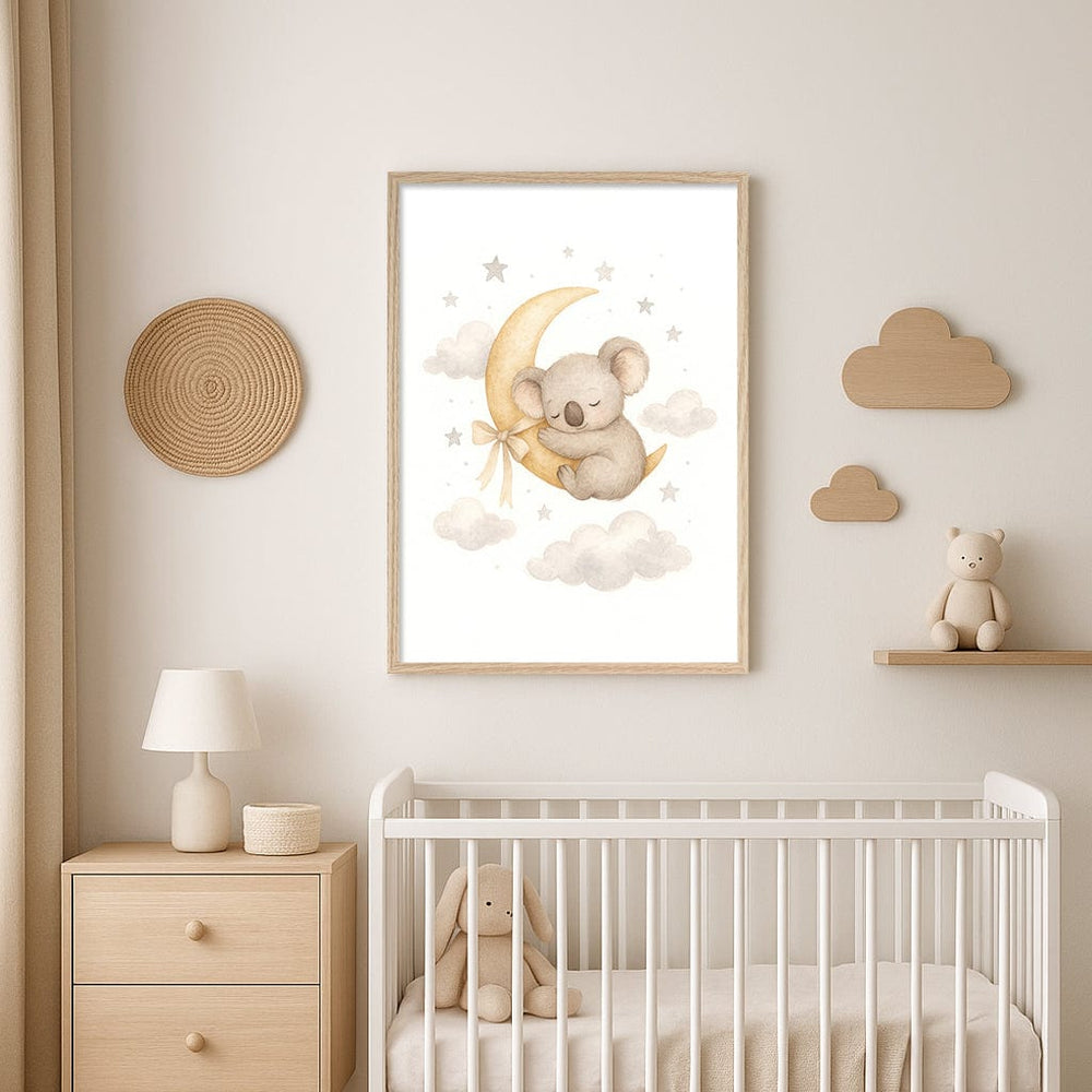 Baby Koala Sleeping Moon Nursery Wall Art Print from our Australian Made Framed Wall Art, Prints & Posters collection by Profile Products (Australia) Pty Ltd