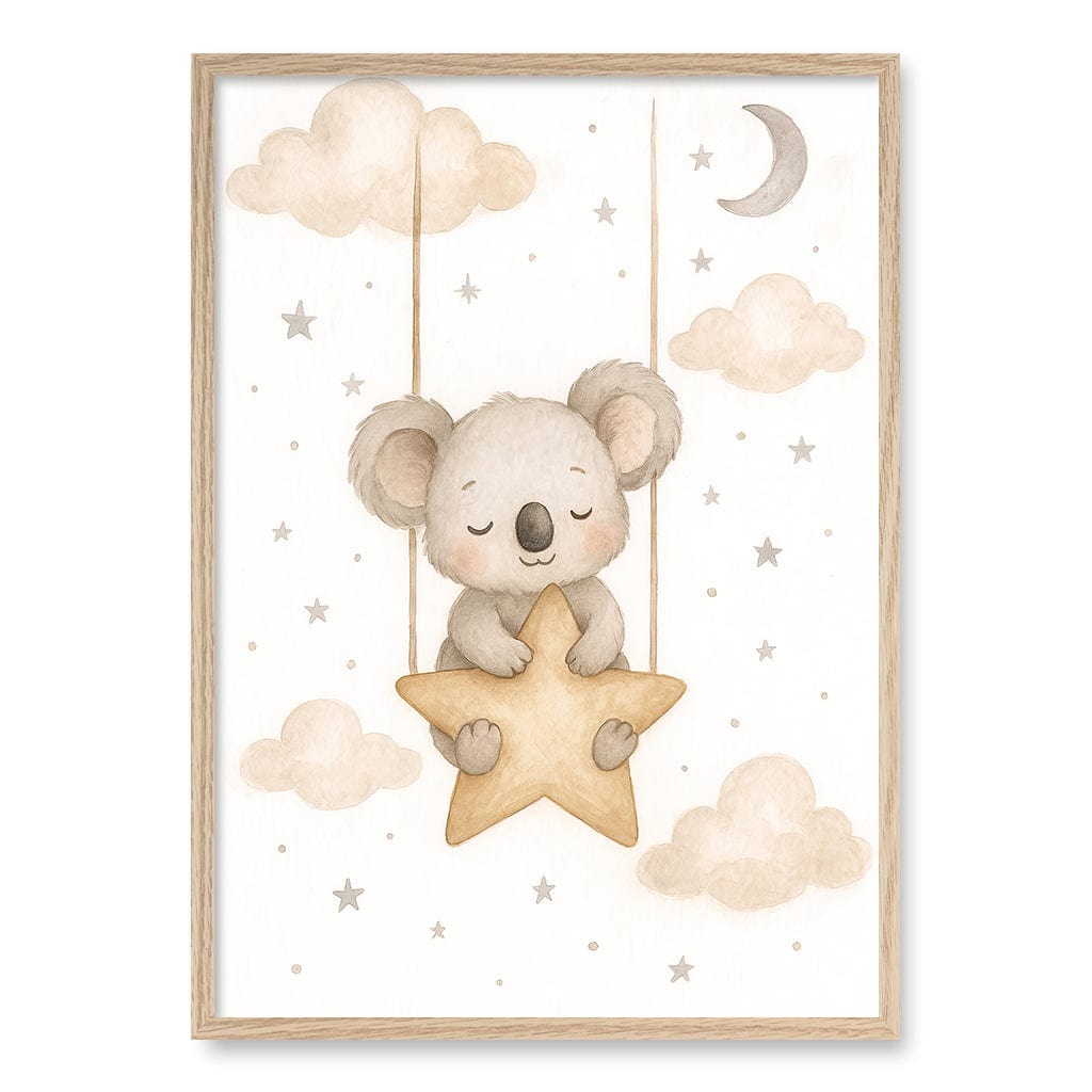 Baby Koala Star Pillow Nursery Wall Art Print A1 (59.4 x 84.1cm) / Natural Oak Frame / No Border from our Australian Made Framed Wall Art, Prints & Posters collection by Profile Products (Australia) Pty Ltd
