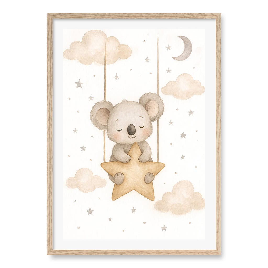 Baby Koala Star Pillow Nursery Wall Art Print A1 (59.4 x 84.1cm) / Natural Oak Frame / White Border from our Australian Made Framed Wall Art, Prints & Posters collection by Profile Products (Australia) Pty Ltd