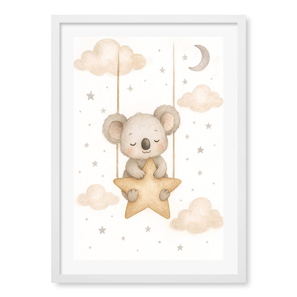Baby Koala Star Pillow Nursery Wall Art Print A2 (42 x 59.4cm) / Matte White Frame / White Border from our Australian Made Framed Wall Art, Prints & Posters collection by Profile Products (Australia) Pty Ltd