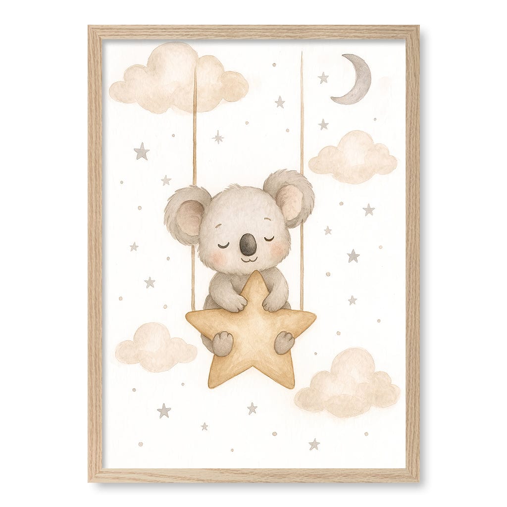 Baby Koala Star Pillow Nursery Wall Art Print A2 (42 x 59.4cm) / Natural Oak Frame / No Border from our Australian Made Framed Wall Art, Prints & Posters collection by Profile Products (Australia) Pty Ltd