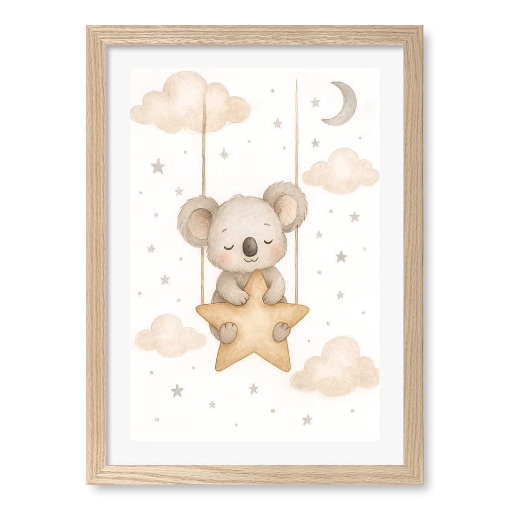 Baby Koala Star Pillow Nursery Wall Art Print A3 (29.7 x 42cm) / Natural Oak Frame / White Border from our Australian Made Framed Wall Art, Prints & Posters collection by Profile Products (Australia) Pty Ltd