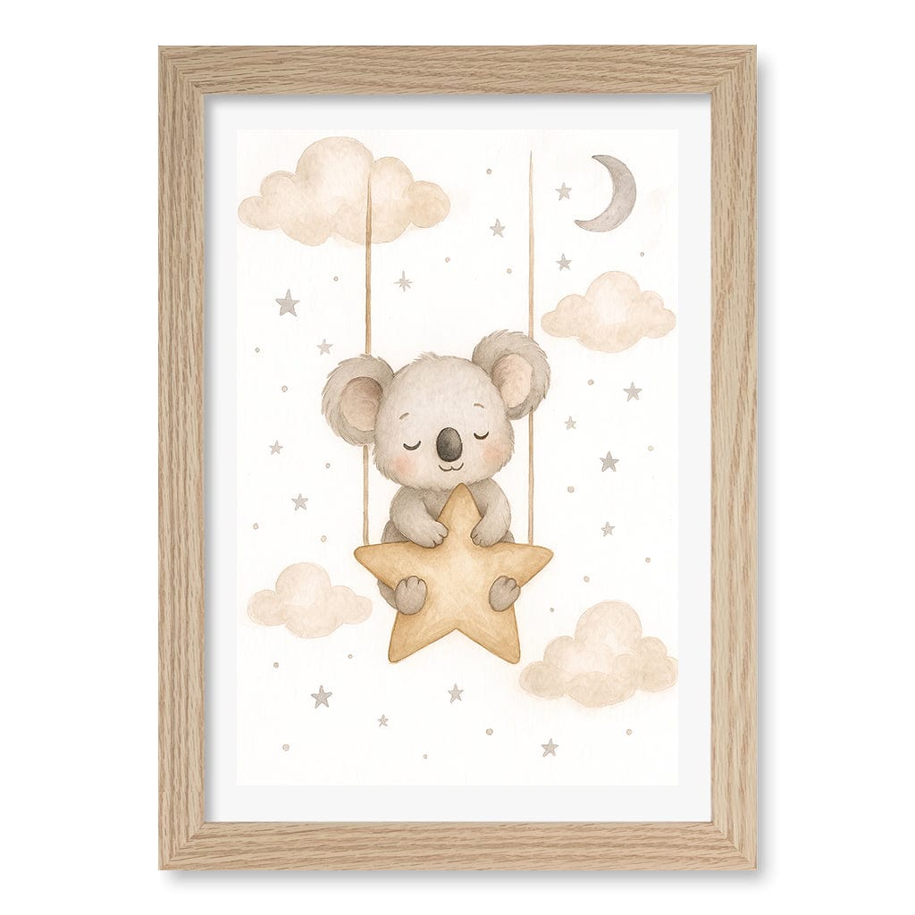Baby Koala Star Pillow Nursery Wall Art Print A4 (21 x 29.7cm) / Natural Oak Frame / White Border from our Australian Made Framed Wall Art, Prints & Posters collection by Profile Products (Australia) Pty Ltd