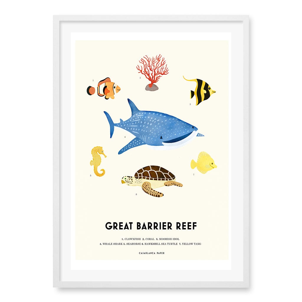 Barrier Reef Sealife Kids Educational Wall Art Print A1 (59.4 x 84.1cm) / Matte White Frame / White Border from our Australian Made Framed Wall Art, Prints & Posters collection by Profile Products (Australia) Pty Ltd