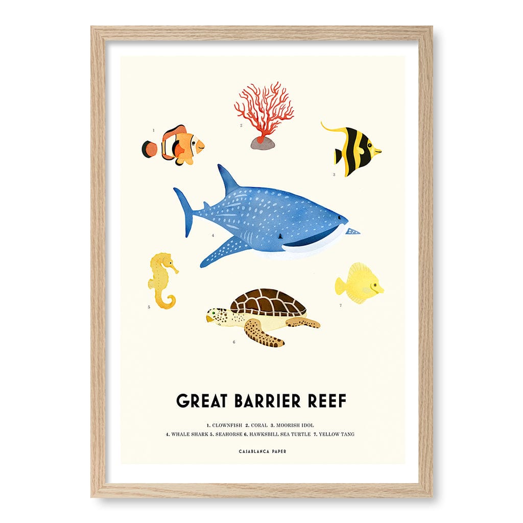 Barrier Reef Sealife Kids Educational Wall Art Print A2 (42 x 59.4cm) / Natural Oak Frame / No Border from our Australian Made Framed Wall Art, Prints & Posters collection by Profile Products (Australia) Pty Ltd