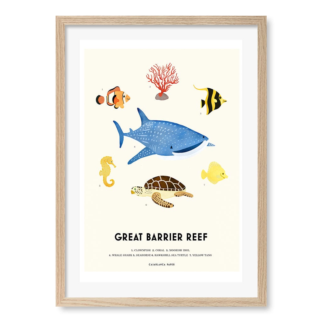 Barrier Reef Sealife Kids Educational Wall Art Print A2 (42 x 59.4cm) / Natural Oak Frame / White Border from our Australian Made Framed Wall Art, Prints & Posters collection by Profile Products (Australia) Pty Ltd