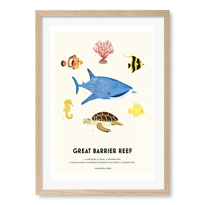 Barrier Reef Sealife Kids Educational Wall Art Print A2 (42 x 59.4cm) / Natural Oak Frame / White Border from our Australian Made Framed Wall Art, Prints & Posters collection by Profile Products (Australia) Pty Ltd