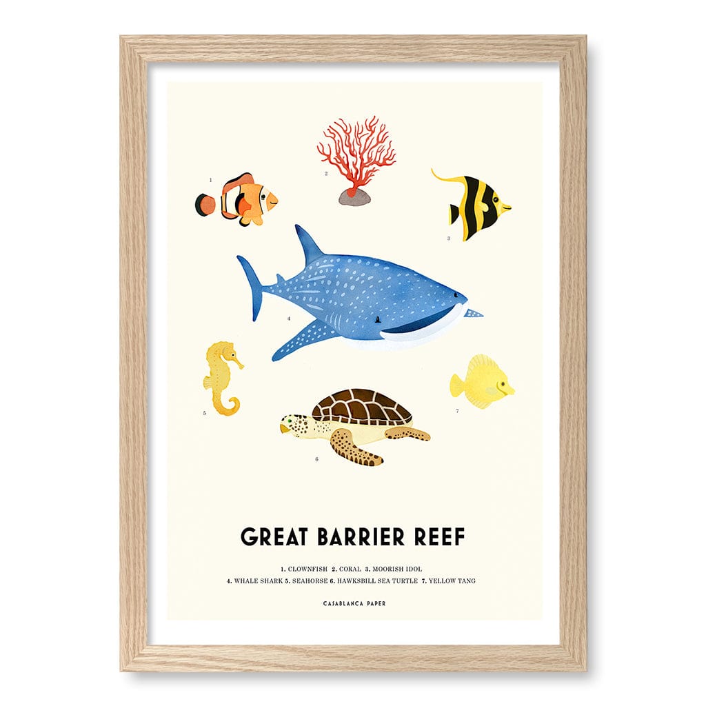 Barrier Reef Sealife Kids Educational Wall Art Print A3 (29.7 x 42cm) / Natural Oak Frame / No Border from our Australian Made Framed Wall Art, Prints & Posters collection by Profile Products (Australia) Pty Ltd