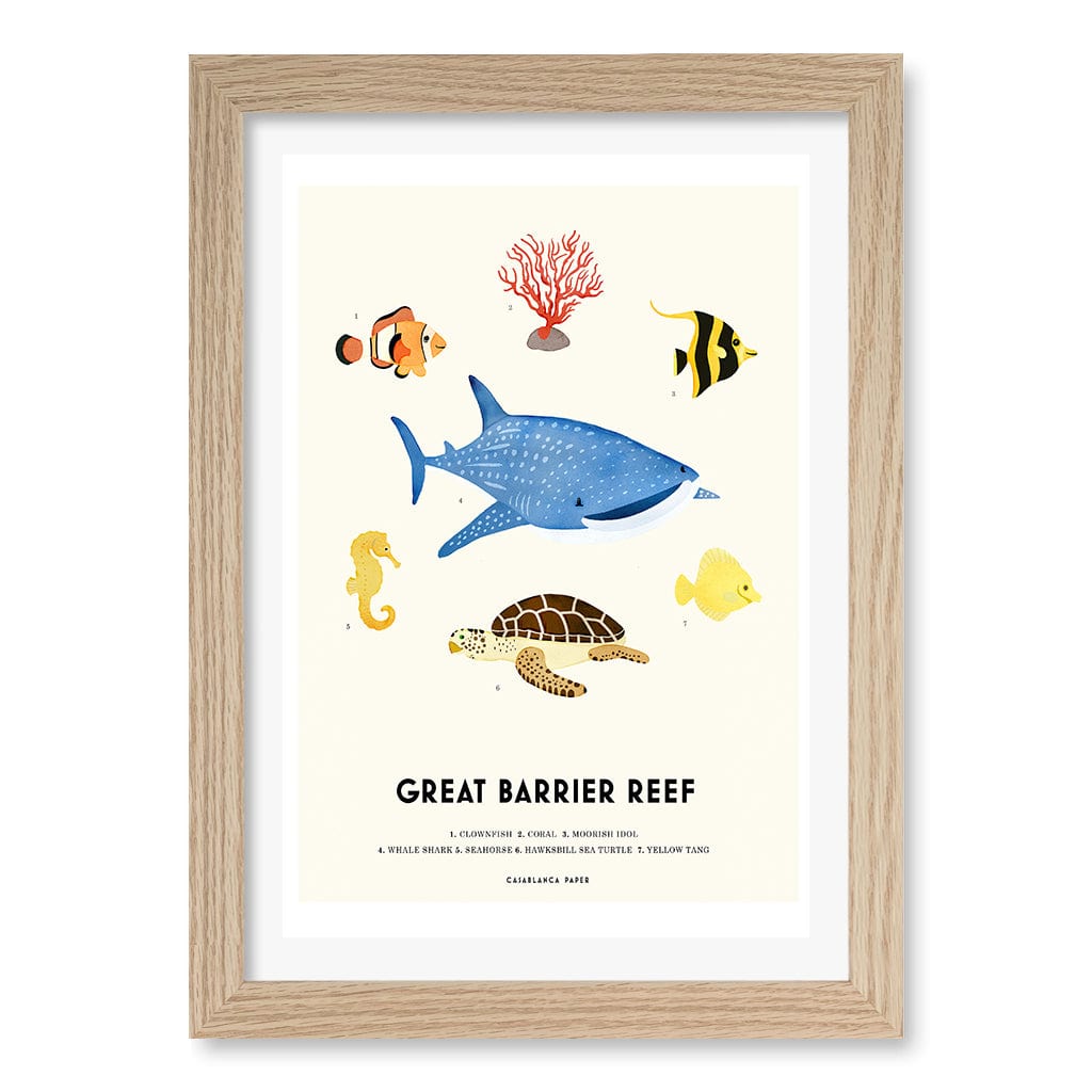 Barrier Reef Sealife Kids Educational Wall Art Print A4 (21 x 29.7cm) / Natural Oak Frame / White Border from our Australian Made Framed Wall Art, Prints & Posters collection by Profile Products (Australia) Pty Ltd