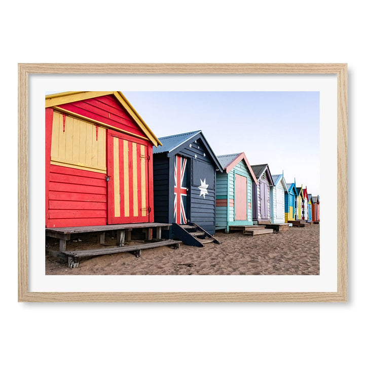 Beach Boxes Wall Art Print A2 (42 x 59.4cm) / Natural Oak Frame / White Border from our Australian Made Framed Wall Art, Prints & Posters collection by Profile Products (Australia) Pty Ltd