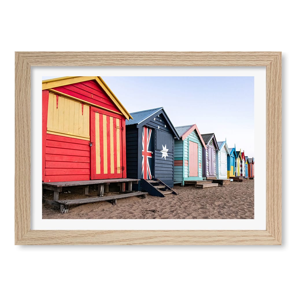 Beach Boxes Wall Art Print A4 (21 x 29.7cm) / Natural Oak Frame / White Border from our Australian Made Framed Wall Art, Prints & Posters collection by Profile Products (Australia) Pty Ltd