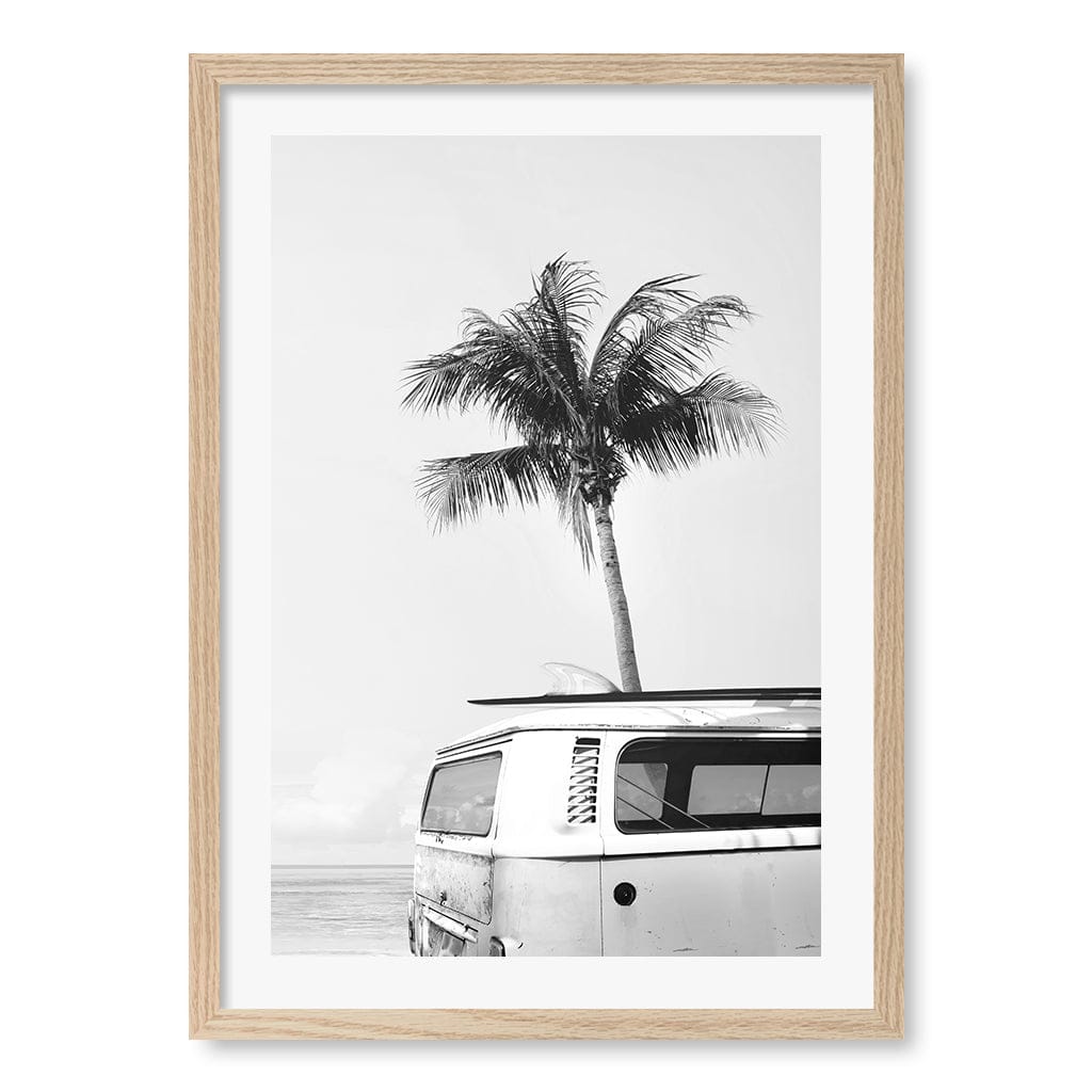 Beach Palm Kombi 1 B&W Wall Art Print A2 (42 x 59.4cm) / Natural Oak Frame / White Border from our Australian Made Framed Wall Art, Prints & Posters collection by Profile Australia