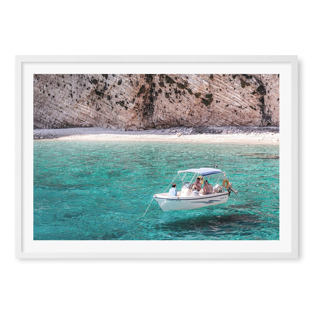 Boat in Emerald Waters Wall Art Print A1 (59.4 x 84.1cm) / Matte White Frame / White Border from our Australian Made Framed Wall Art, Prints & Posters collection by Profile Products (Australia) Pty Ltd