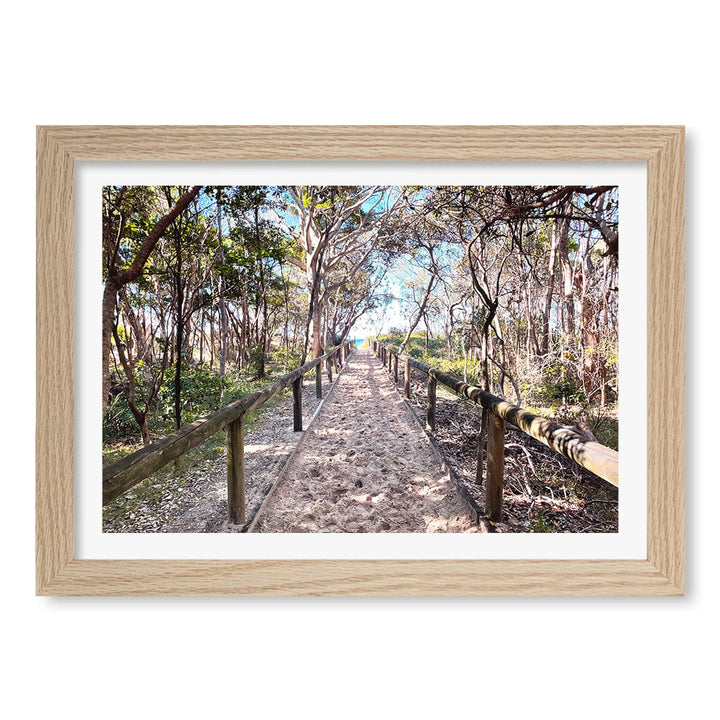 Byron Beach Path 2 Wall Art Print A4 (21 x 29.7cm) / Natural Oak Frame / White Border from our Australian Made Framed Wall Art, Prints & Posters collection by Profile Products (Australia) Pty Ltd