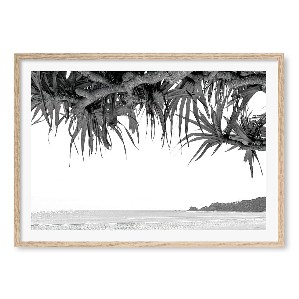 Byron Beach View B&W Wall Art Print A1 (59.4 x 84.1cm) / Natural Oak Frame / White Border from our Australian Made Framed Wall Art, Prints & Posters collection by Profile Products (Australia) Pty Ltd
