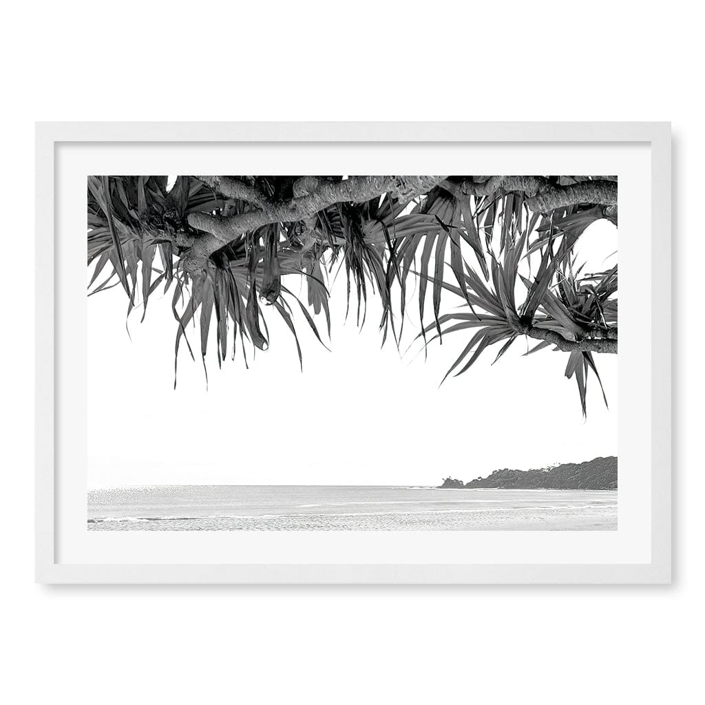Byron Beach View B&W Wall Art Print A2 (42 x 59.4cm) / Matte White Frame / White Border from our Australian Made Framed Wall Art, Prints & Posters collection by Profile Products (Australia) Pty Ltd