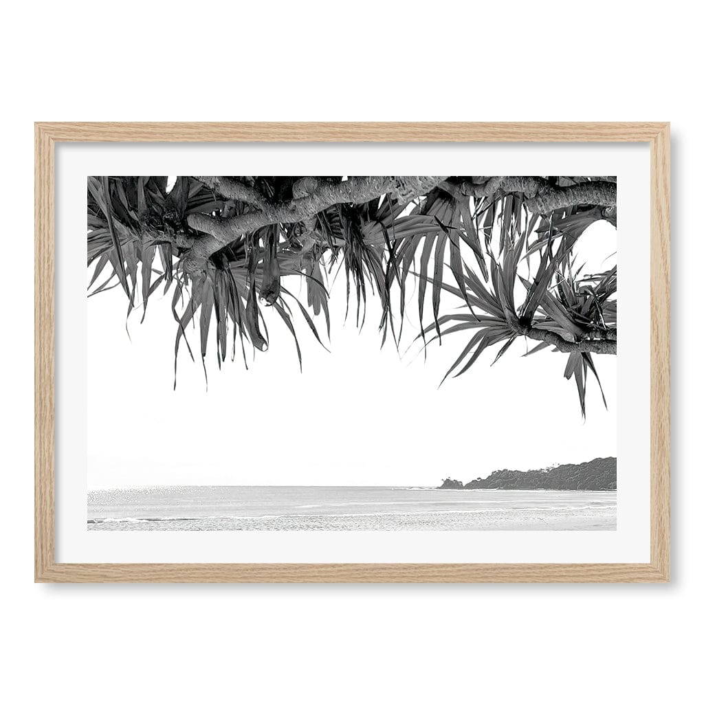 Byron Beach View B&W Wall Art Print A2 (42 x 59.4cm) / Natural Oak Frame / White Border from our Australian Made Framed Wall Art, Prints & Posters collection by Profile Products (Australia) Pty Ltd