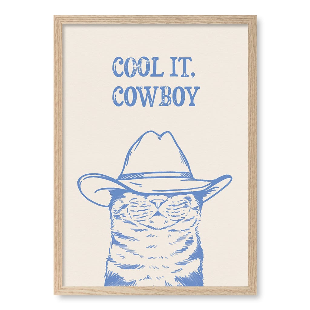 Cool It Cowboy Blue Cat Art Print by Tara Royle A4 (21 x 29.7cm) / Natural Oak Frame / No Border from our Australian Made Framed Wall Art, Prints & Posters collection by Profile Australia