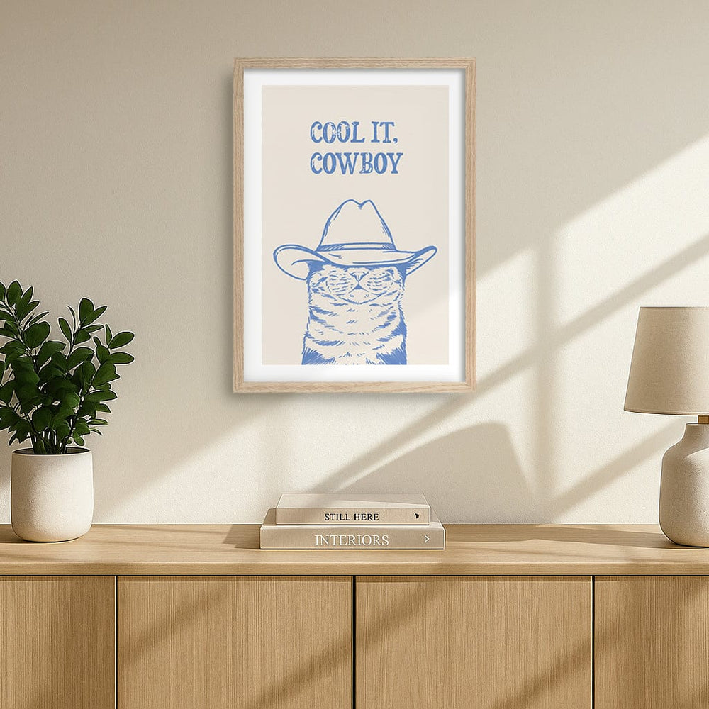 Cool It Cowboy Blue Cat Art Print by Tara Royle from our Australian Made Framed Wall Art, Prints & Posters collection by Profile Australia