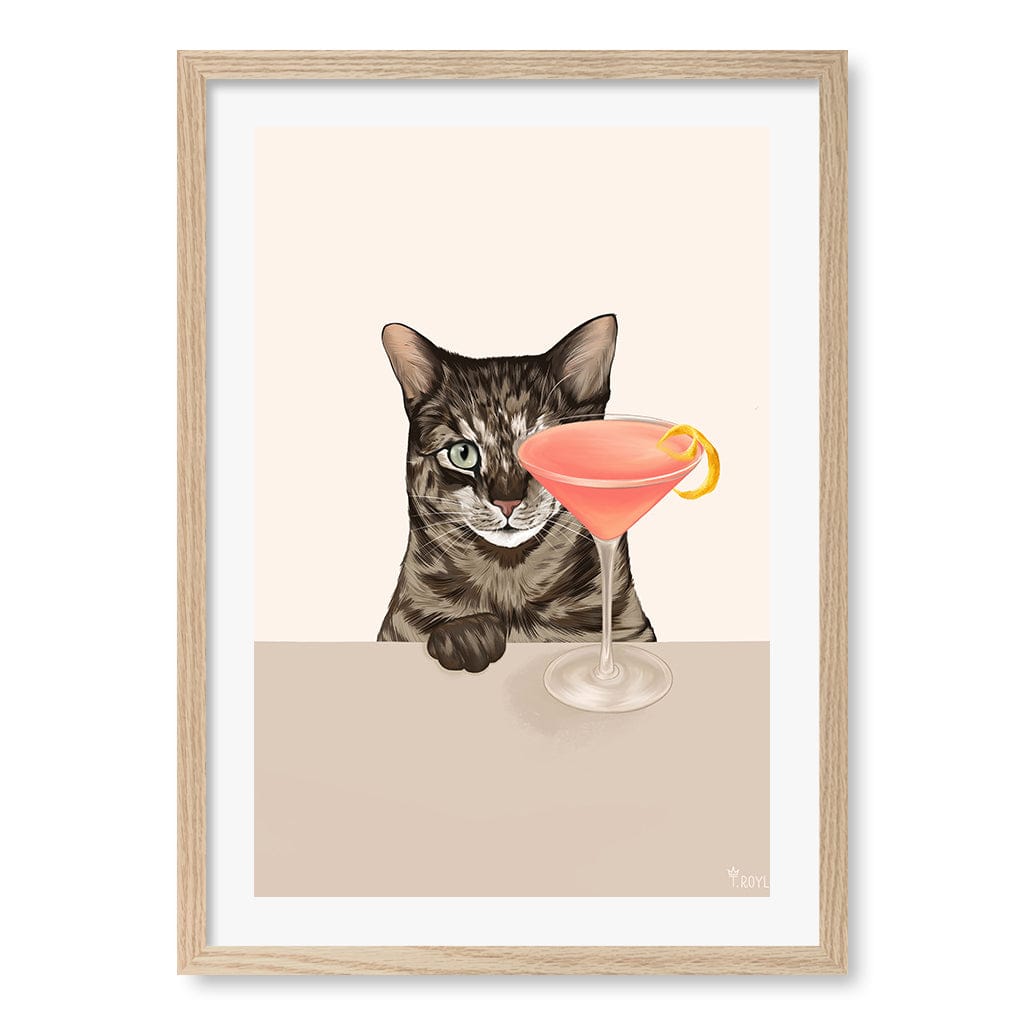 Cosmopolitan Cat Art Print by Tara Royle A4 (21 x 29.7cm) / Natural Oak Frame / White Border from our Australian Made Framed Wall Art, Prints & Posters collection by Profile Australia