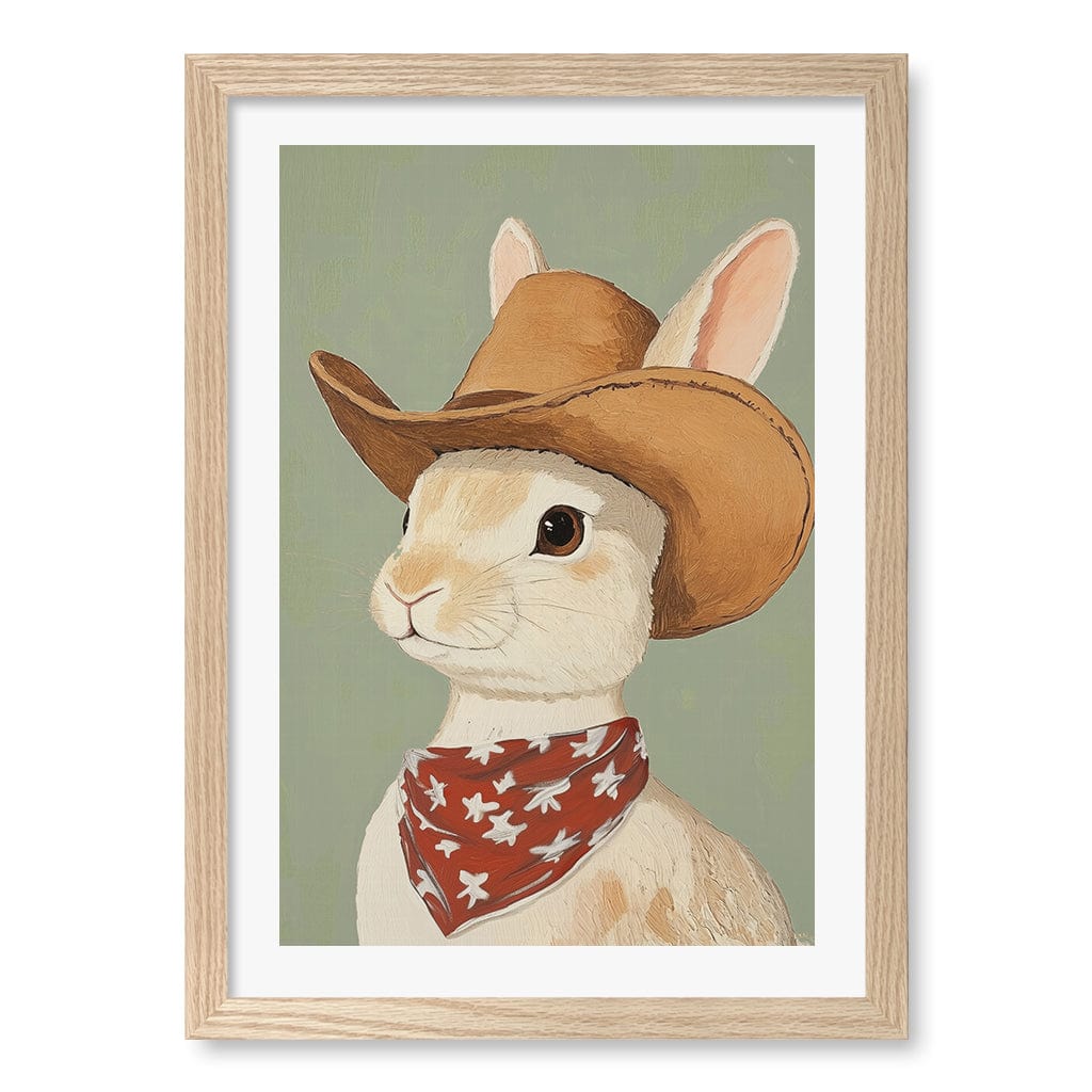 Cowboy Rabbit Wall Art Print A3 (29.7 x 42cm) / Natural Oak Frame / White Border from our Australian Made Framed Wall Art, Prints & Posters collection by Profile Products (Australia) Pty Ltd