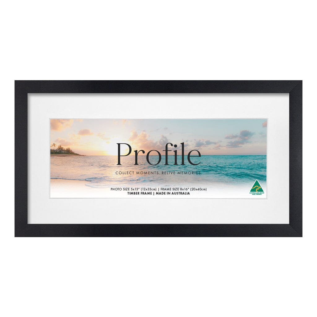 Decorator Panoramic Matt Black Timber Photo Frame 8x16in (20x40cm) to suit 5x13in (12x33cm) image from our Australian Made Picture Frames collection by Profile Products (Australia) Pty Ltd