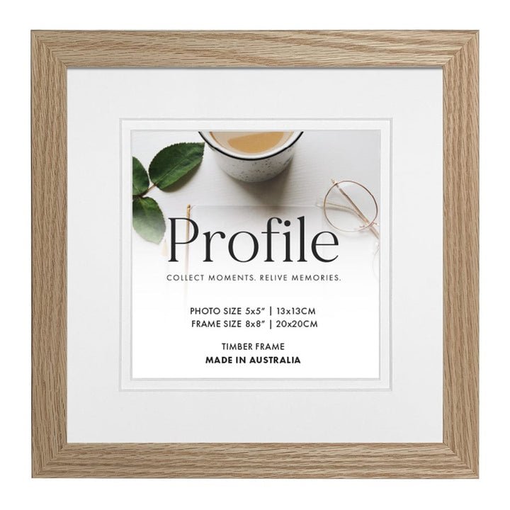 Elegant Deluxe Natural Oak Photo Frame 8x8in (20x20cm) to suit 5x5in (13x13cm) image from our Australian Made Picture Frames collection by Profile Products (Australia) Pty Ltd