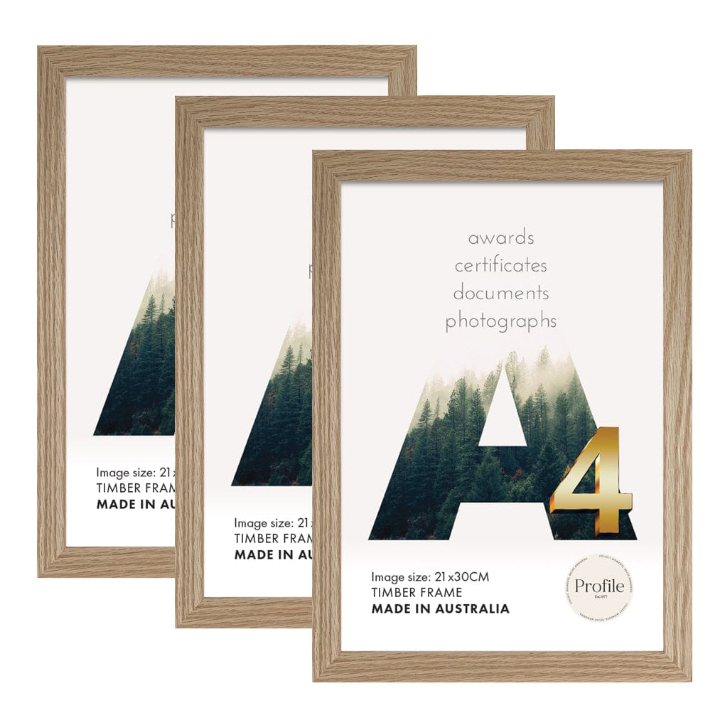 Elegant Natural Oak A4 Set of Frames (Bulk Frame Bundle 3 Pack) from our Australian Made Picture Frames collection by Profile Products (Australia) Pty Ltd