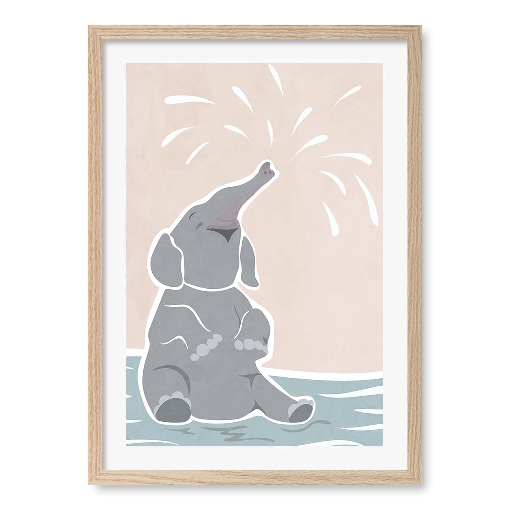 Elephant Joy Nursery Wall Art Print A2 (42 x 59.4cm) / Natural Oak Frame / White Border from our Australian Made Framed Wall Art, Prints & Posters collection by Profile Products (Australia) Pty Ltd
