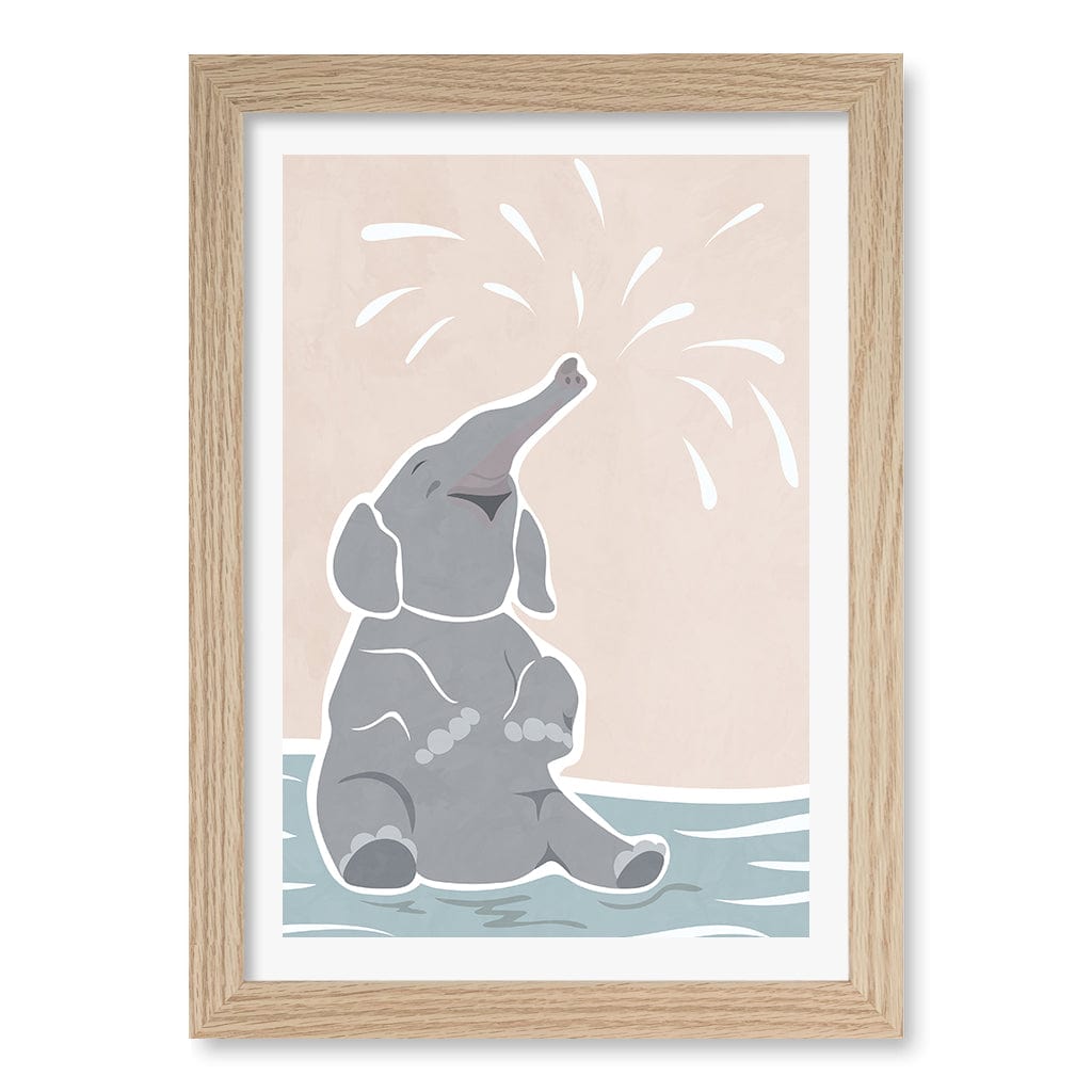 Elephant Joy Nursery Wall Art Print A4 (21 x 29.7cm) / Natural Oak Frame / White Border from our Australian Made Framed Wall Art, Prints & Posters collection by Profile Products (Australia) Pty Ltd
