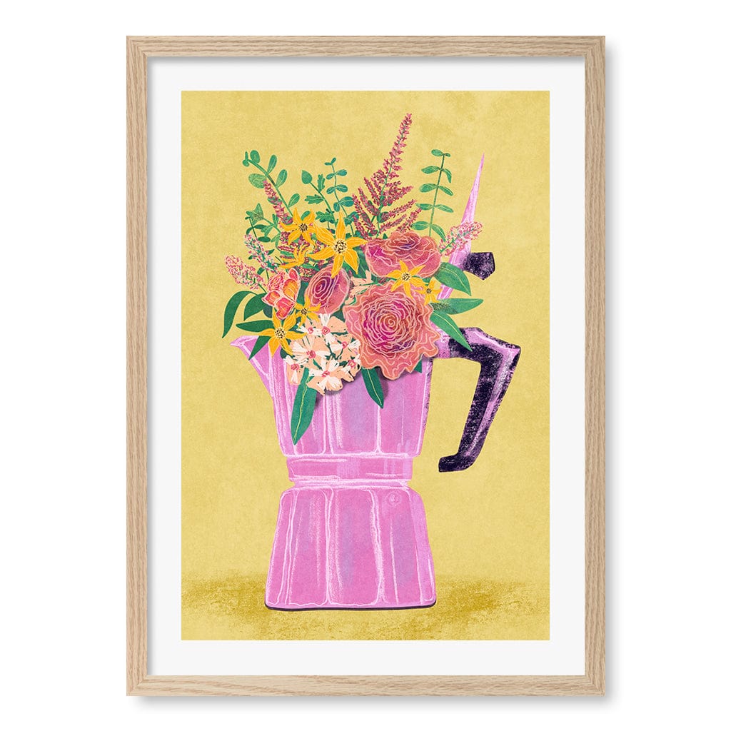 Espresso Maker With Flowers Wall Art Print A2 (42 x 59.4cm) / Natural Oak Frame / White Border from our Australian Made Wall Art collection by Profile Australia