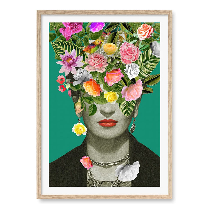 Floral Frida Wall Art Print A1 (59.4 x 84.1cm) / Natural Oak Frame / White Border from our Australian Made Wall Art collection by Profile Australia