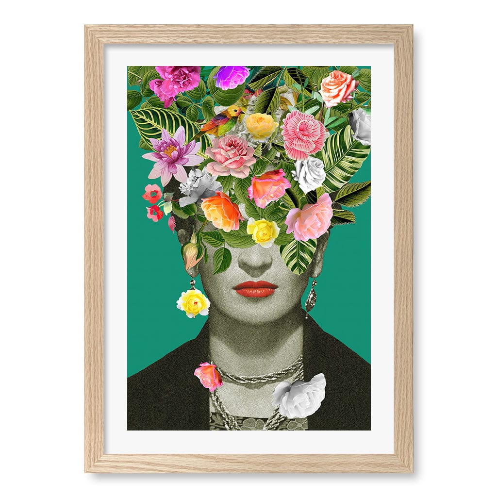 Floral Frida Wall Art Print A3 (29.7 x 42cm) / Natural Oak Frame / White Border from our Australian Made Wall Art collection by Profile Australia