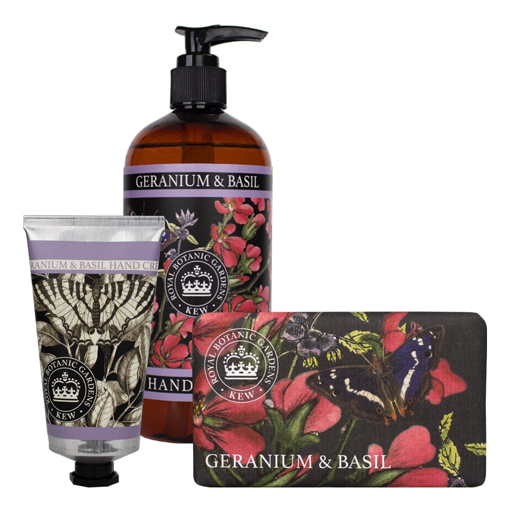 Geranium & Basil Hand Cream, Soap & Wash Bundle - Royal Kew Gardens from our Body & Bath collection by The English Soap Company