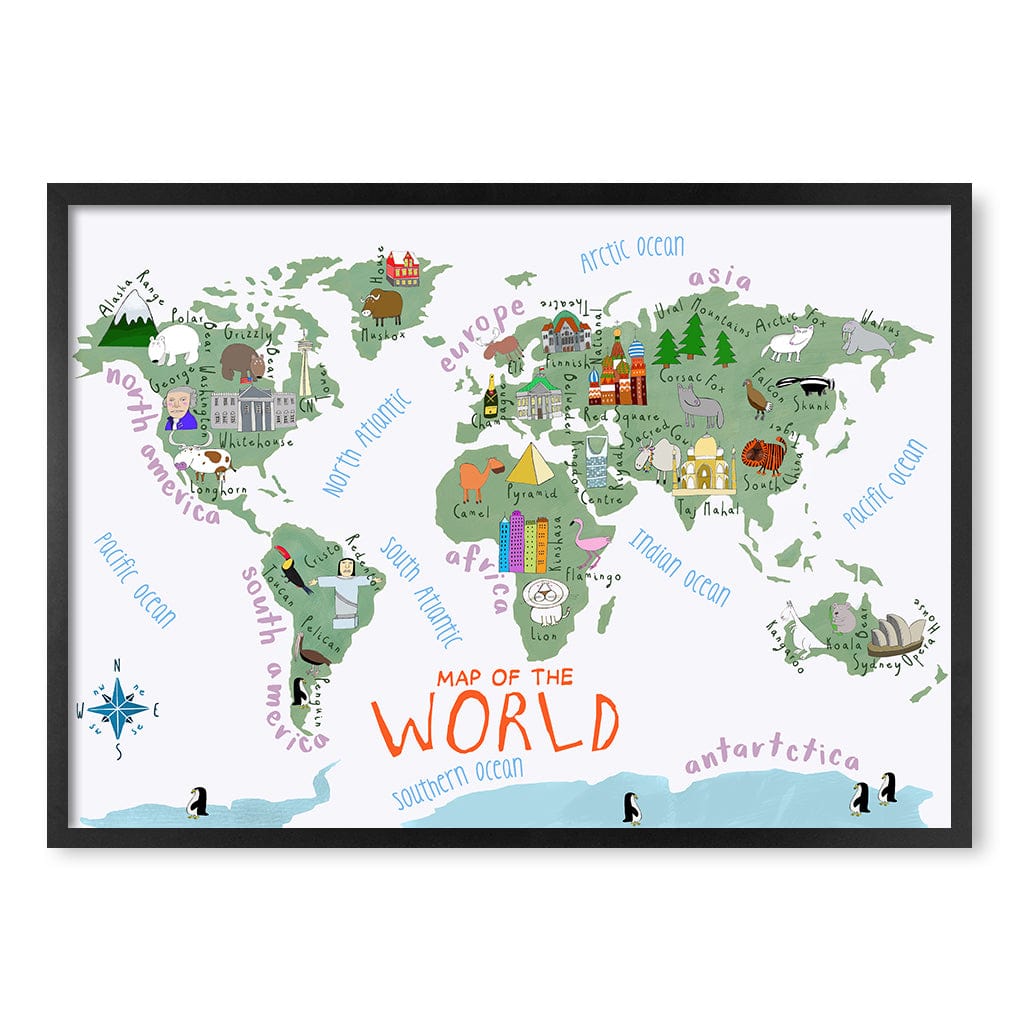 Illustrated Map of The World Educational Kids Wall Art Print A1 (59.4 x 84.1cm) / Matte Black Frame / No Border from our Australian Made Framed Wall Art, Prints & Posters collection by Profile Products (Australia) Pty Ltd