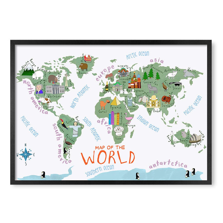Illustrated Map of The World Educational Kids Wall Art Print A1 (59.4 x 84.1cm) / Matte Black Frame / No Border from our Australian Made Framed Wall Art, Prints & Posters collection by Profile Products (Australia) Pty Ltd