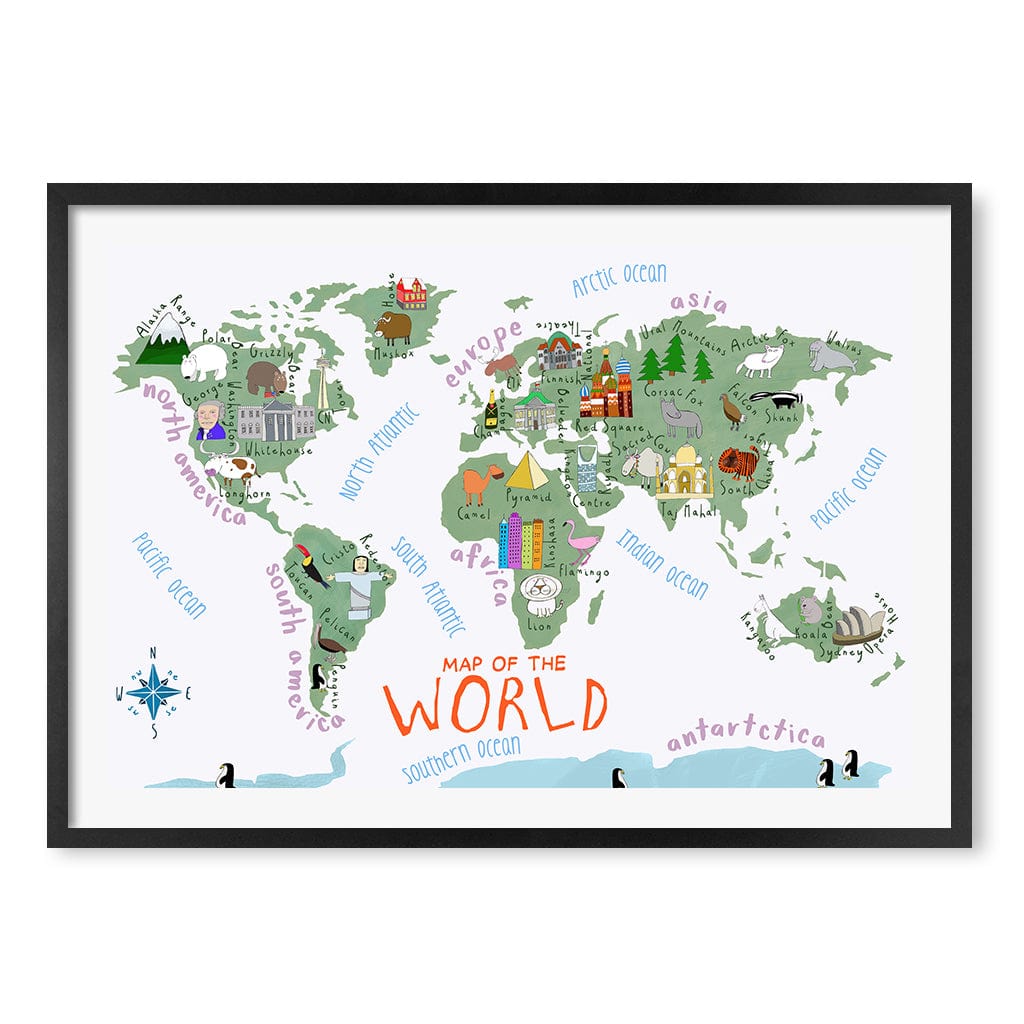 Illustrated Map of The World Educational Kids Wall Art Print A1 (59.4 x 84.1cm) / Matte Black Frame / White Border from our Australian Made Framed Wall Art, Prints & Posters collection by Profile Products (Australia) Pty Ltd