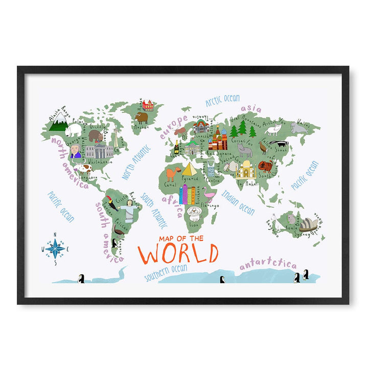 Illustrated Map of The World Educational Kids Wall Art Print A1 (59.4 x 84.1cm) / Matte Black Frame / White Border from our Australian Made Framed Wall Art, Prints & Posters collection by Profile Products (Australia) Pty Ltd